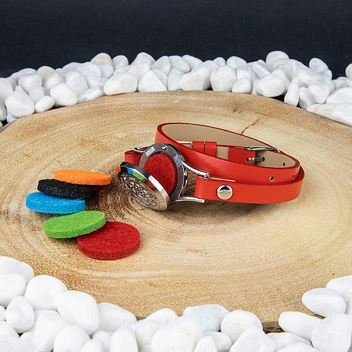 Bratara Aromaterapie, Curea din Piele Ecologica, Rosie, Dubla, cu Model Mandala Flower cu Zircon [5]