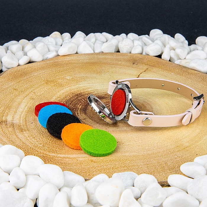 Bratara Aromaterapie, Curea din Piele Ecologica, Roz, Simpla, cu Model Mandala Vibes [4]