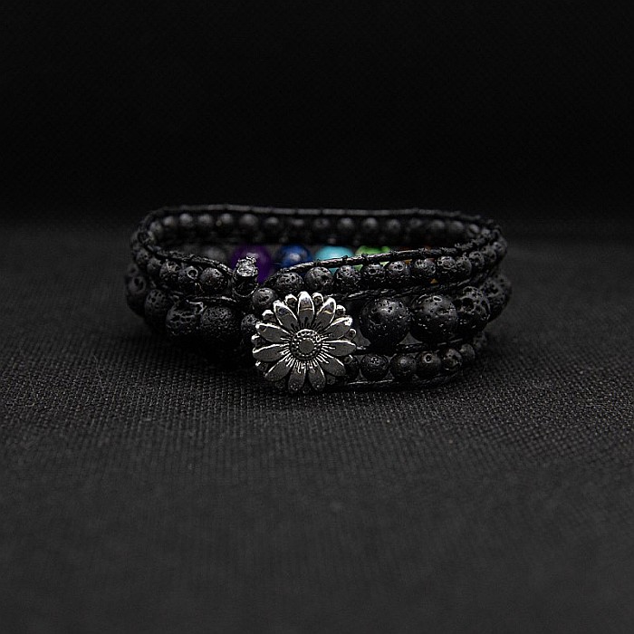 Bratara aromaterapie, difuzor uleiuri esentiale ”ARIADNE” 3 straturi din Pietre de Lava, 7 Chakre si Piele Vintage [4]