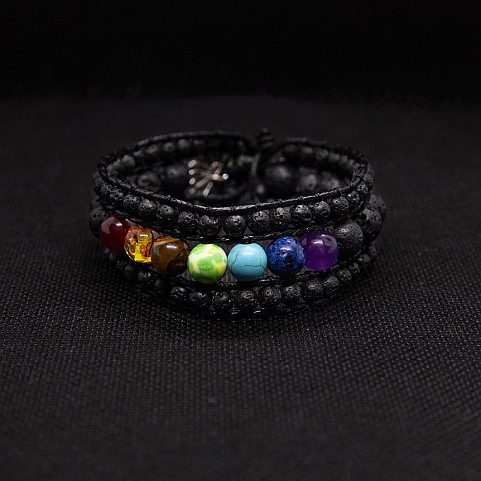 Bratara aromaterapie, difuzor uleiuri esentiale ”ARIADNE” 3 straturi din Pietre de Lava, 7 Chakre si Piele Vintage [3]