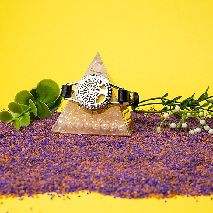 Bratara Aromaterapie Uleiuri Esentiale, Curea din Piele Ecologica, Neagra, Simpla, cu Model Tree of Life cu Zircon [4]