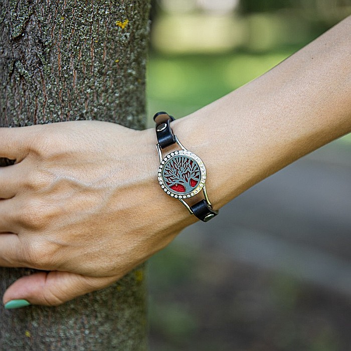 Bratara Aromaterapie Uleiuri Esentiale, Curea din Piele Ecologica, Neagra, Simpla, cu Model Tree of Life cu Zircon [2]
