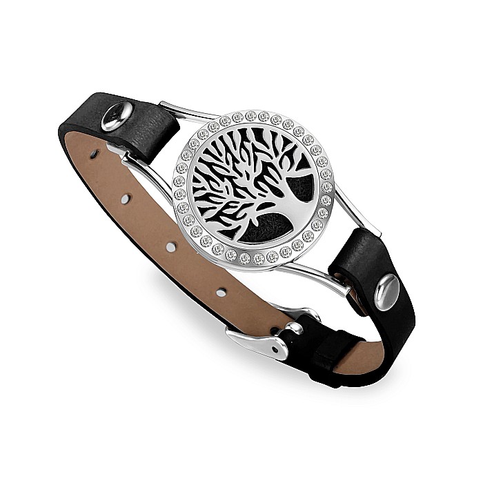 Bratara Aromaterapie Uleiuri Esentiale, Curea din Piele Ecologica, Neagra, Simpla, cu Model Tree of Life cu Zircon [1]