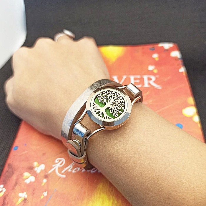 Bratara Aromaterapie Uleiuri Esentiale, Curea din Piele Ecologica, Aurie, Dubla, cu Medalion Copacul Vietii Rose Gold [4]