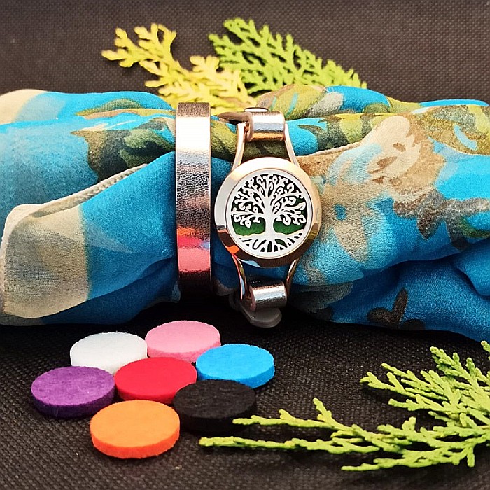 Bratara Aromaterapie Uleiuri Esentiale, Curea din Piele Ecologica, Aurie, Dubla, cu Medalion Copacul Vietii Rose Gold [8]