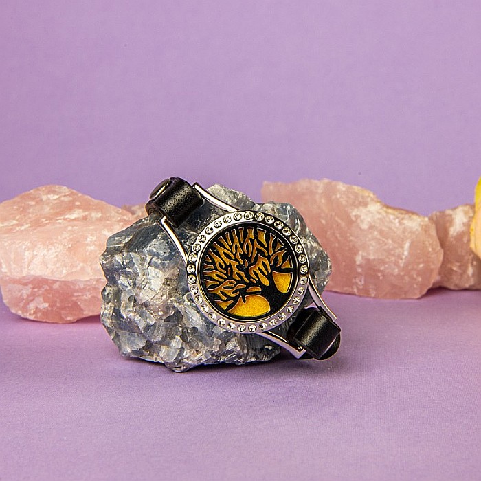 Bratara Aromaterapie Uleiuri Esentiale, Curea din Piele Ecologica, Neagra, Simpla, cu Model Tree of Life cu Zircon [9]