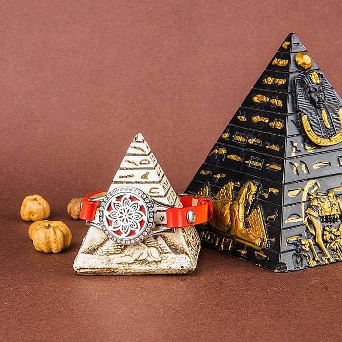 Bratara Aromaterapie Uleiuri Esentiale, Curea din Piele Ecologica, Rosie, Simpla, cu Model Mandala Flower cu Zircon [7]