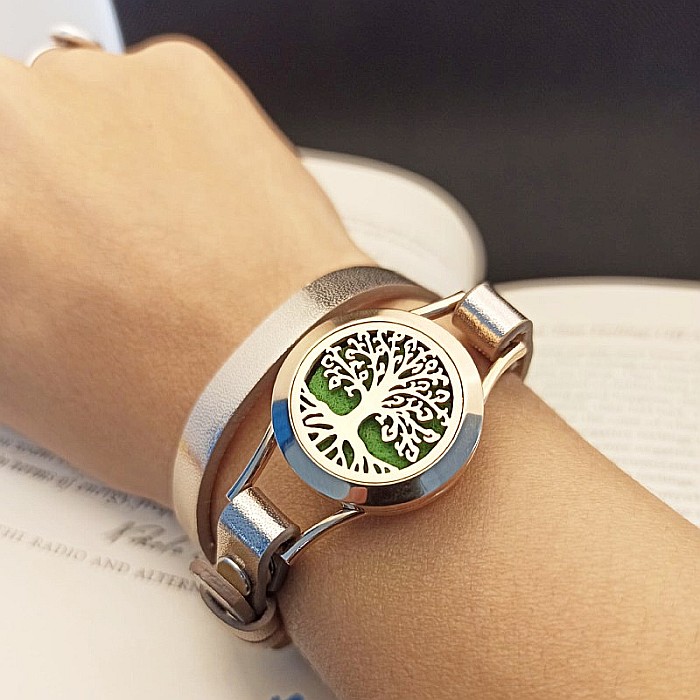 Bratara Aromaterapie Uleiuri Esentiale, Curea din Piele Ecologica, Aurie, Dubla, cu Medalion Copacul Vietii Rose Gold [2]