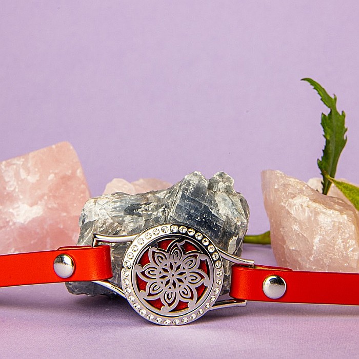Bratara Aromaterapie Uleiuri Esentiale, Curea din Piele Ecologica, Rosie, Simpla, cu Model Mandala Flower cu Zircon [5]