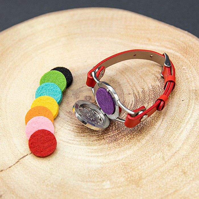 Bratara Aromaterapie Uleiuri Esentiale, Curea din Piele Ecologica, Rosie, Simpla, cu Model Mandala Flower cu Zircon [9]