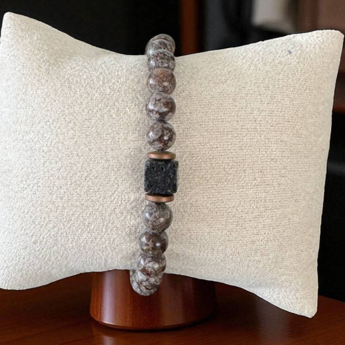 Bratara barbati Alaric din obsidian maro Snow Flake cu Piatra de lava [3]