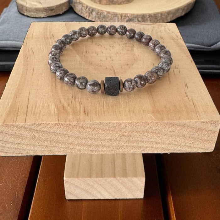 Bratara barbati Alaric din obsidian maro Snow Flake cu Piatra de lava [7]