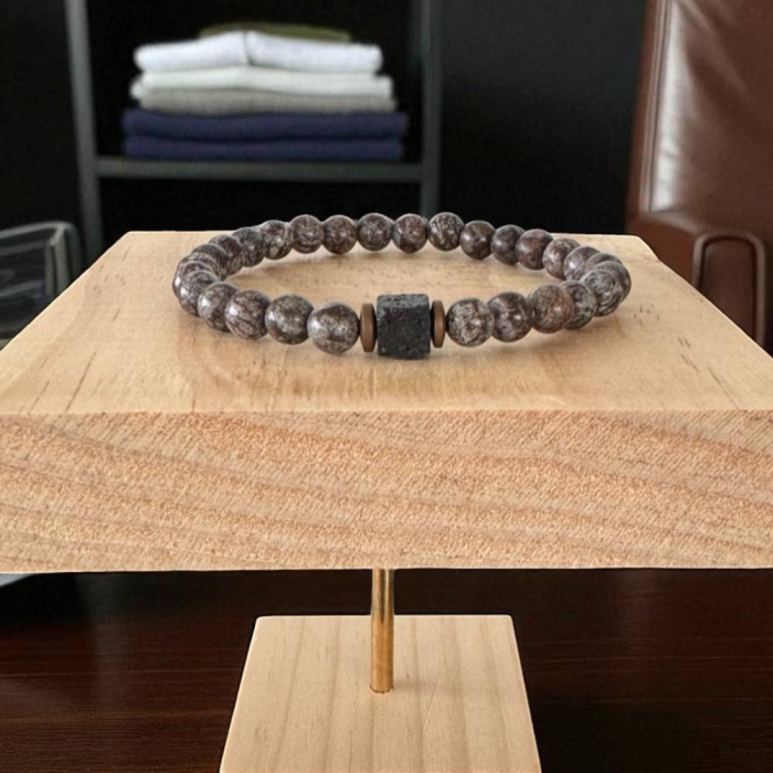 Bratara barbati Alaric din obsidian maro Snow Flake cu Piatra de lava [6]