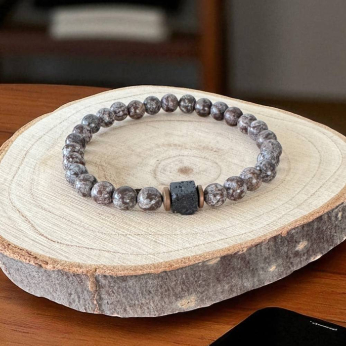 Bratara barbati Alaric din obsidian maro Snow Flake cu Piatra de lava [8]