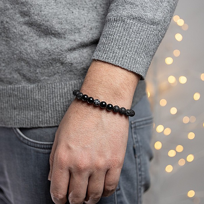 Bratara barbati Amir din pietre semipretioase de Obsidian si Lava, margele de 8mm [6]