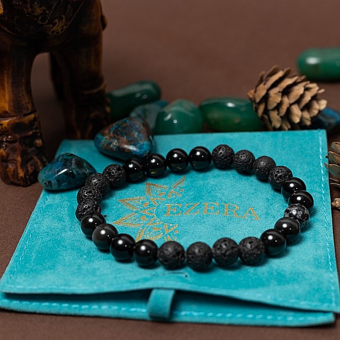 Bratara barbati Amir din pietre semipretioase de Obsidian si Lava, margele de 8mm [9]