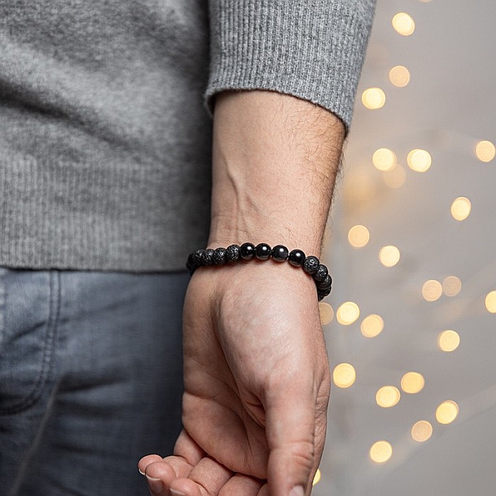 Bratara barbati Amir din pietre semipretioase de Obsidian si Lava, margele de 8mm [5]