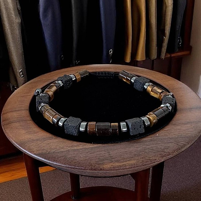 Bratara Barbati Amon din snur cu Ochi de Tigru, Hematit, Piatra de lava [4]