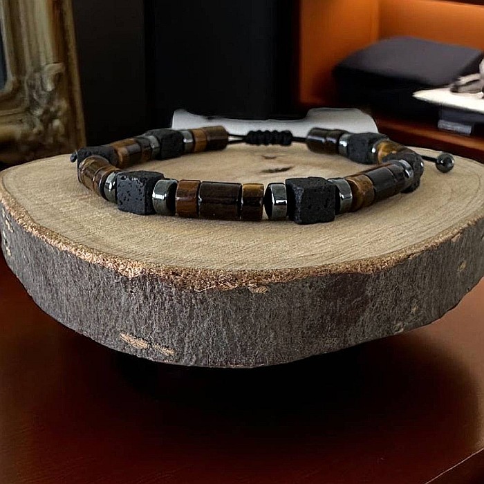 Bratara Barbati Amon din snur cu Ochi de Tigru, Hematit, Piatra de lava [2]