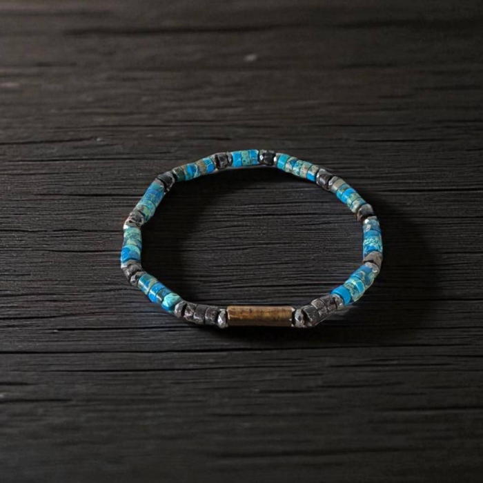 Bratara barbati Caspian cu rondele de sediment marin si hematit cu ochi de tigru [5]