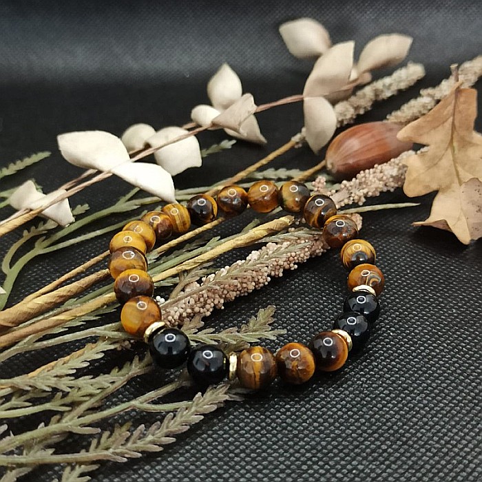 Bratara barbati cristale Tanvir, cu pietre semipretioase de Ochi de Tigru si Turmalina Neagra, margele de 8mm [1]