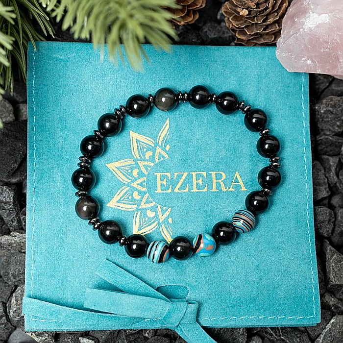 Bratara barbati Deven din pietre semipretioase de Obsidian cu sfere compozit albastru, margele de 8 mm. [5]