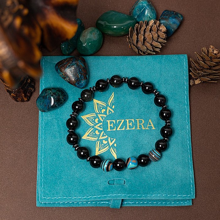 Bratara barbati Deven din pietre semipretioase de Obsidian cu sfere compozit albastru, margele de 8 mm. [7]