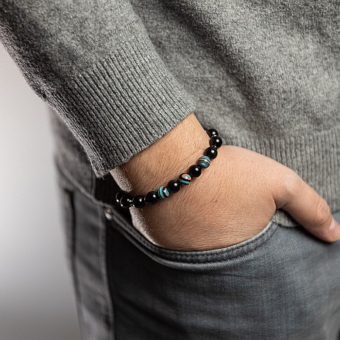 Bratara barbati Deven din pietre semipretioase de Obsidian cu sfere compozit albastru, margele de 8 mm. [3]