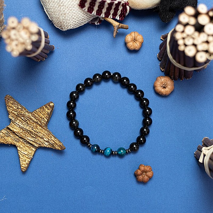 Bratara handmade barbati Elam din Ochi de Tigru Royal Blue si Obsidian, margele de 8mm [8]