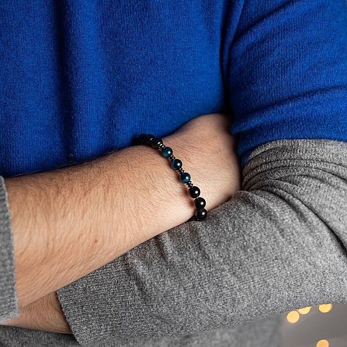 Bratara handmade barbati Elam din Ochi de Tigru Royal Blue si Obsidian, margele de 8mm [3]