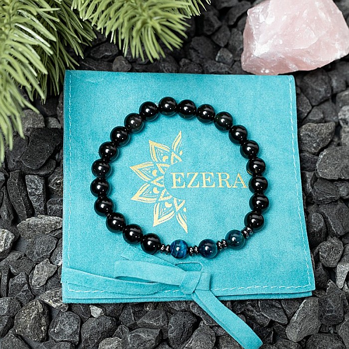 Bratara handmade barbati Elam din Ochi de Tigru Royal Blue si Obsidian, margele de 8mm [7]