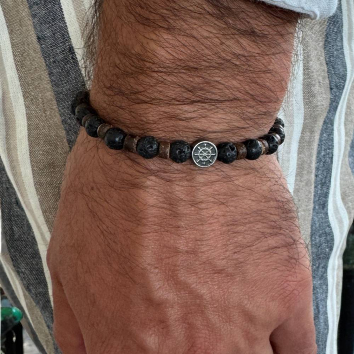 Bratara barbati elastica Thaddeus din pietre de lava si rondele de lemn de cocos cu charm inox [11]