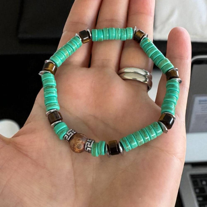 Bratara barbati elastica Zander cu rondele verzi si Ochi de tigru cu accesorii din inox [7]