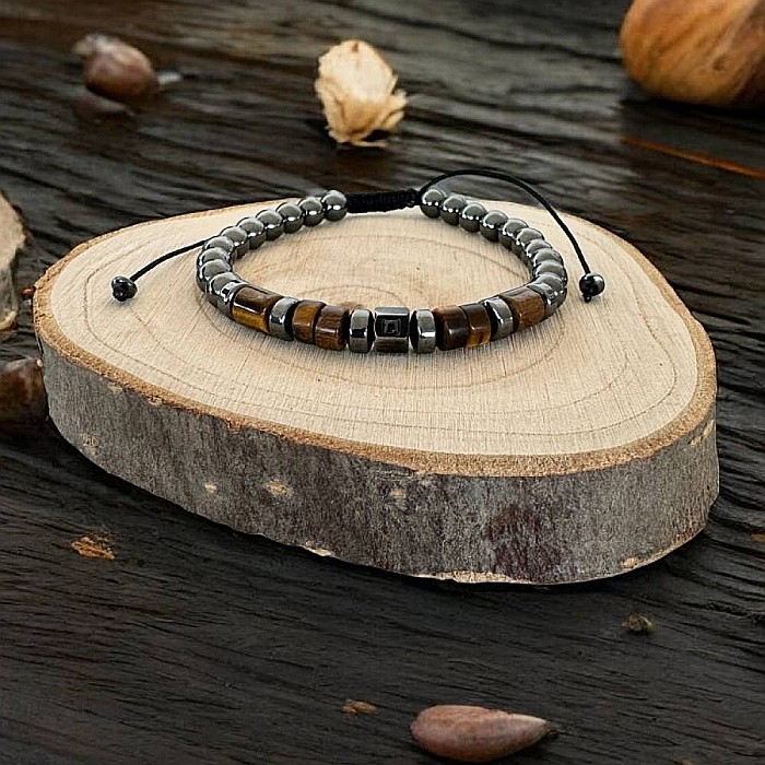 Bratara barbati handmade Amos din Hematit si Ochi de Tigru, ajustabila cu snur [4]