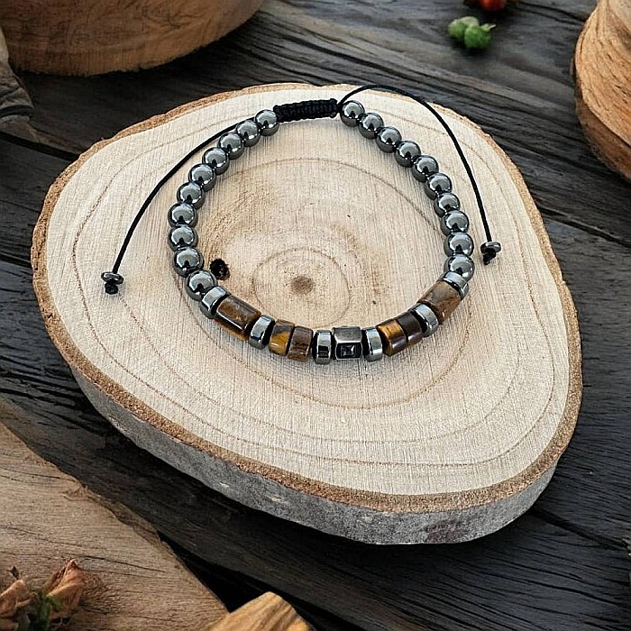 Bratara barbati handmade Amos din Hematit si Ochi de Tigru, ajustabila cu snur [1]