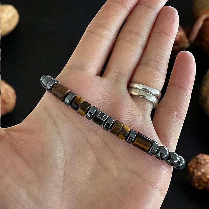 Bratara barbati handmade Amos din Hematit si Ochi de Tigru, ajustabila cu snur [3]