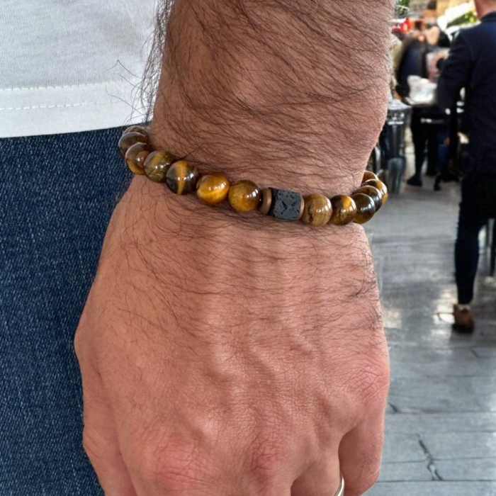 Bratara barbati handmade elastica Silas din Ochi de Tigru si Piatra de Lava [7]