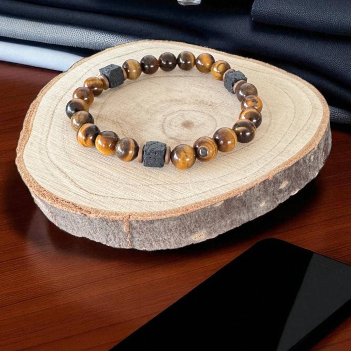 Bratara barbati handmade elastica Silas din Ochi de Tigru si Piatra de Lava [4]