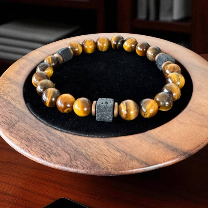 Bratara barbati handmade elastica Silas din Ochi de Tigru si Piatra de Lava [2]