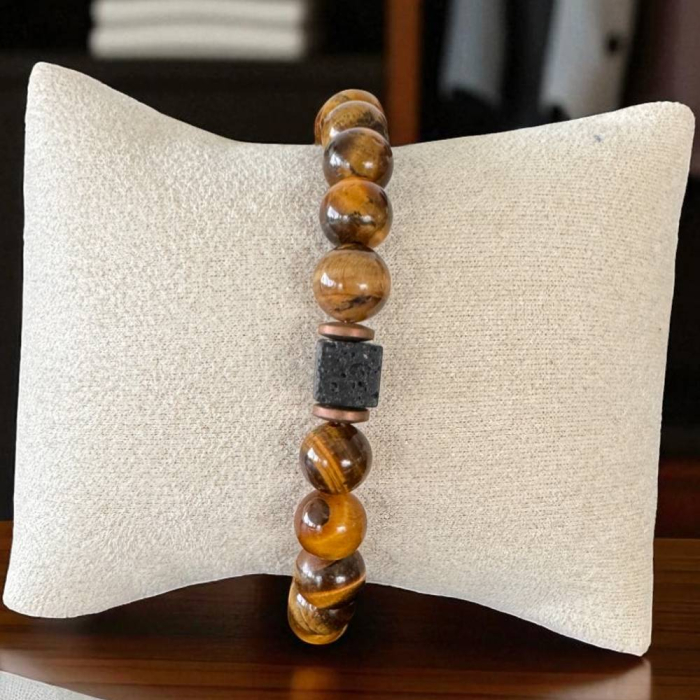 Bratara barbati handmade elastica Silas din Ochi de Tigru si Piatra de Lava [5]