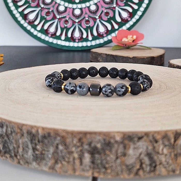 Bratara barbati Jay din Hematit, Snow Flake Obsidian si Piatra de Lava, margele de 8mm [4]