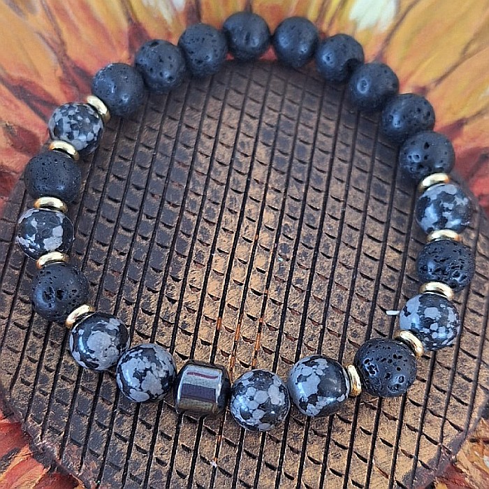 Bratara barbati Jay din Hematit, Snow Flake Obsidian si Piatra de Lava, margele de 8mm [8]