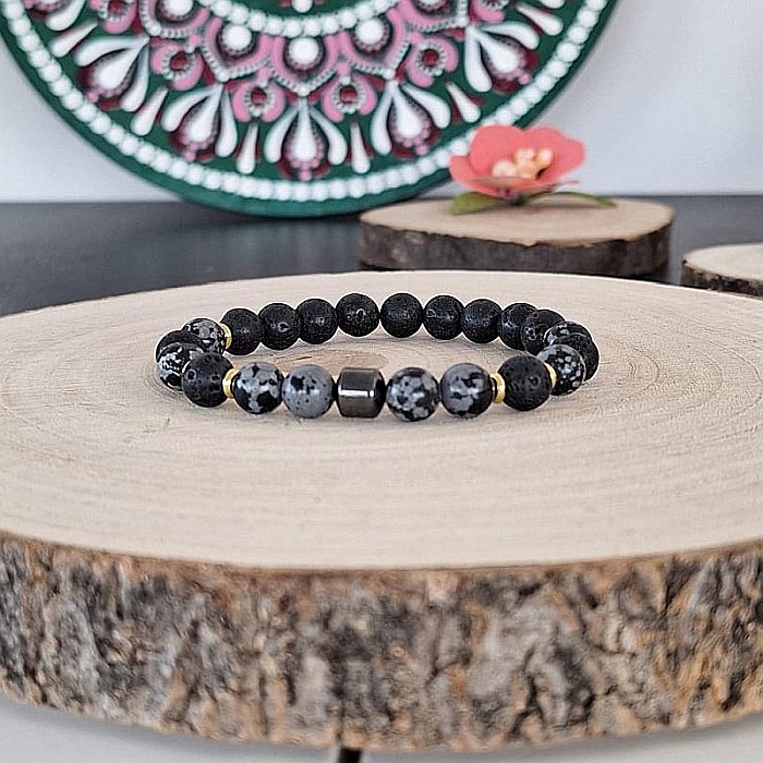 Bratara barbati Jay din Hematit, Snow Flake Obsidian si Piatra de Lava, margele de 8mm [6]