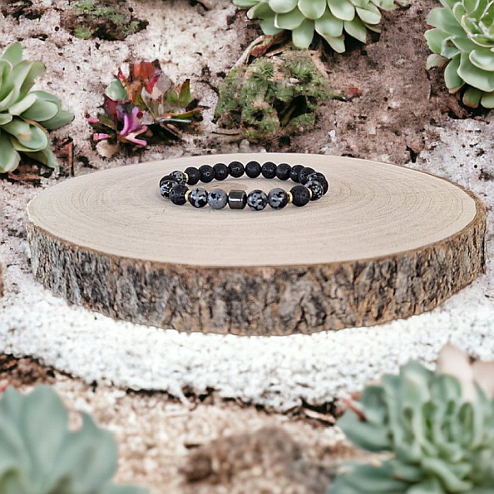 Bratara barbati Jay din Hematit, Snow Flake Obsidian si Piatra de Lava, margele de 8mm [7]