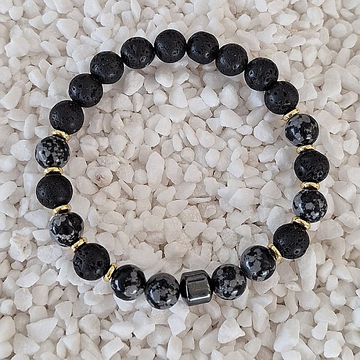 Bratara barbati Jay din Hematit, Snow Flake Obsidian si Piatra de Lava, margele de 8mm [5]