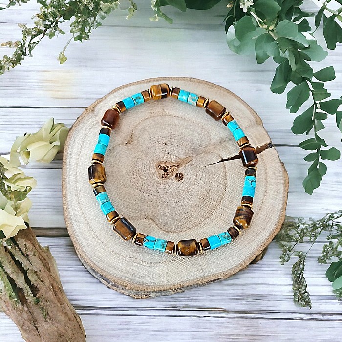 Bratara barbati Kaanan din cristale de Ochi de Tigru si Sediment Marin de Jasp Turcoaz [5]