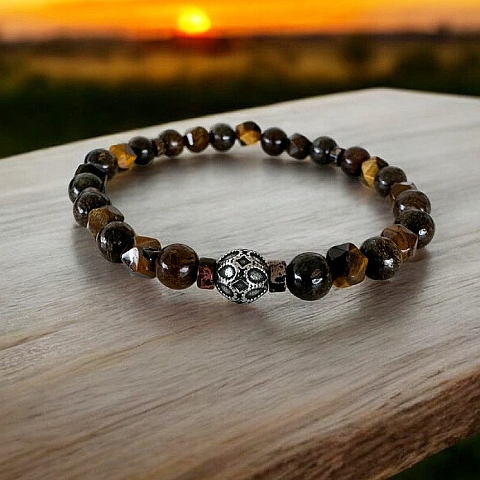 Bratara barbati Karan din Ochi de Tigru si Bronzit cu charm din Inox [1]