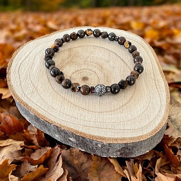 Bratara barbati Karan din Ochi de Tigru si Bronzit cu charm din Inox [6]