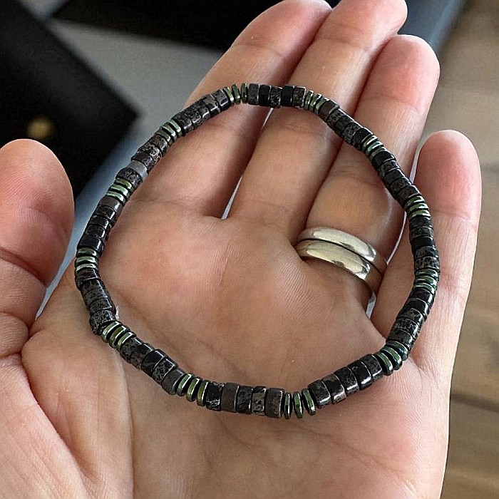 Bratara barbati Lysander cu rondele de sediment marin si hematit, pe elastic [2]