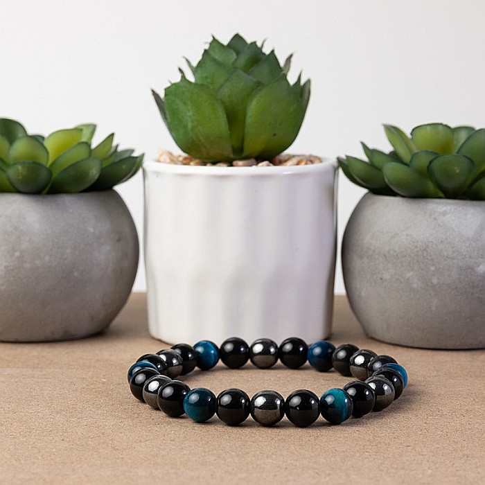 Bratara barbati Ohas din cristale de Ochi de Tigru Royal Blue, Hematit si Obsidian, sfere de 8mm [1]